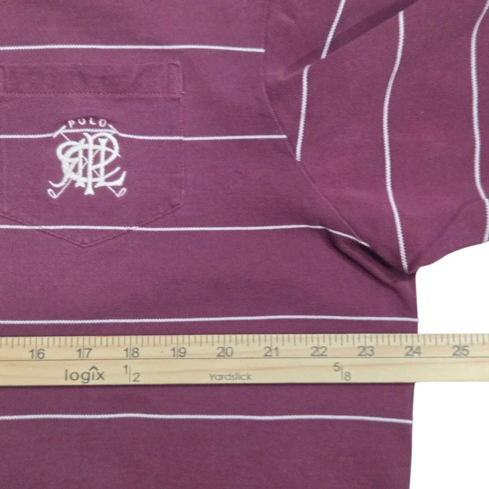 Polo Ralph Lauren Vintage Mens Polo Shirt Maroon Striped Made In USA‎ Button XL